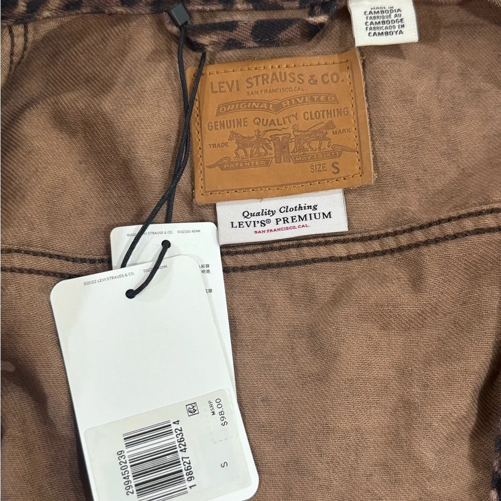 Levi's Premium Brown Black Leopard Print Denim Small Jean Jacket - Picture 6 of 7